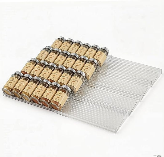Acrylic Spice Drawer Organizer 4 Tier(8 Packs),Expandable from 11" to 22" Seasoning Organizer Tray for Kitchen - Clear Tiered Spice Rack for Drawer, No Assembly Required(Jars Not Included)