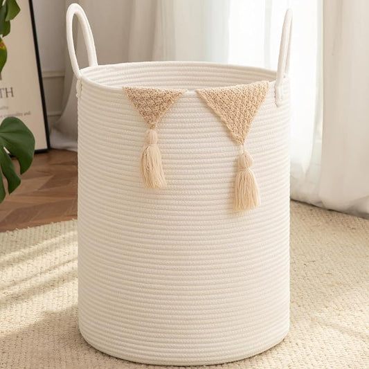 OIAHOMY Large Laundry Basket Hamper - 60L Cotton Rope Woven Basket for Blankets, Toys, Clothes - Tall Decorative Nursery Hamper with Long Handles, White