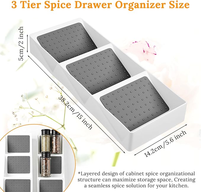 2 Pcs Spice Drawer Organizer, 3 Tier Non-Slip Silicone Seasoning Jars Drawer Insert, Spice Rack Organization for Cabinet, Making up Organizer, Bottle Rack,Bottles Holder,Spice Bottle Organizer