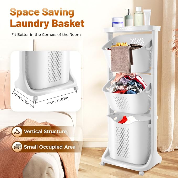 Laundry Basket Organizer, 3-Tier Rolling Laundry Basket with Wheels, Laundry Hamper Sorter for Bathrooms, Bedrooms, Classrooms, Laundry Rooms Clothes Storage
