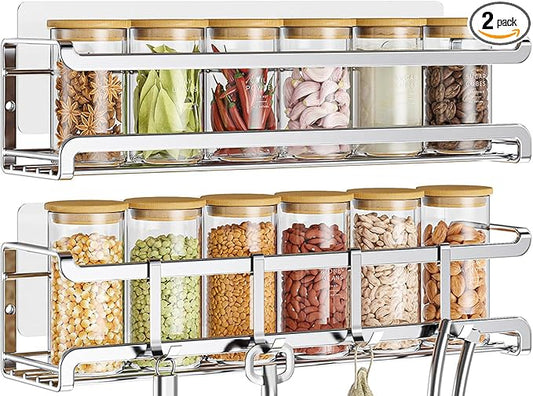 Bunoxea Spice Rack wall mounted 2 Pack, Space-Saving Spice Organizer for Spice Jars and Seasonings,Screw or Adhesive Hanging Spice Rack Organizer for Your Kitchen Cabinet,or Pantry Door,Silver