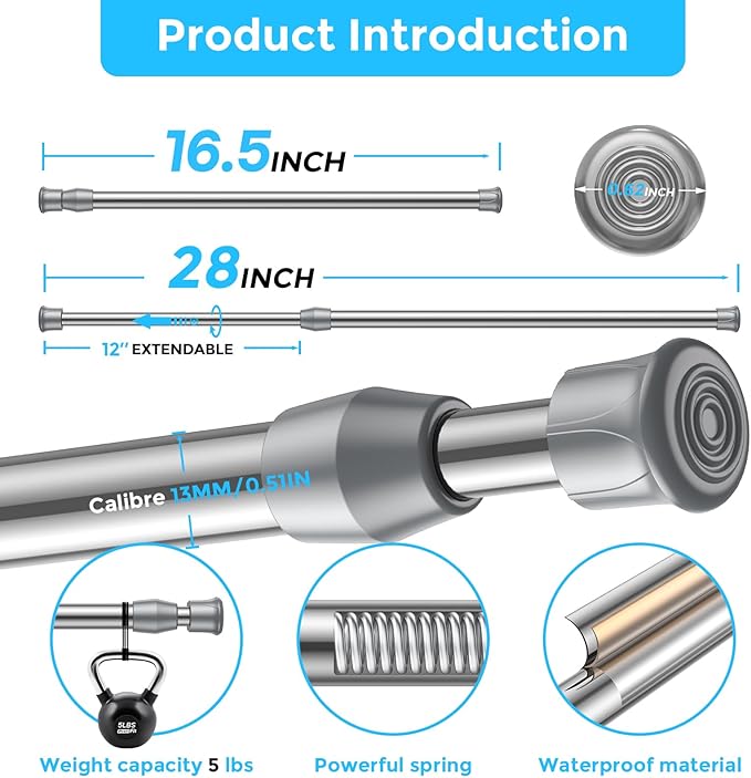 AIZESI 2PCS Silver Tension Rod 18 to 26 Inch, Adjustable Small Curtain Rods No Drilling, Short Tension Rods for Small Window DIY Projects