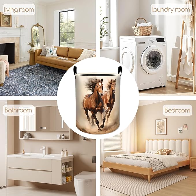 Rustic Horse Laundry Basket, Desert Sunset Foldable Oxford Cloth, Waterproof Dirty Clothes Hamper with Handles, Clothing Storage Bucket Toy Organizer for Bathroom Bedroom Dorm, 19.7"x15.7"