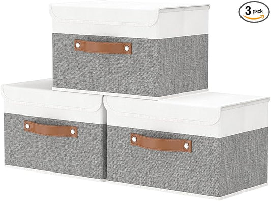 OUTBROS Foldable Storage Boxes, Large Linen Fabric, 15 x 9.8 x 9.8 inch, White/Grey, 3-Pack