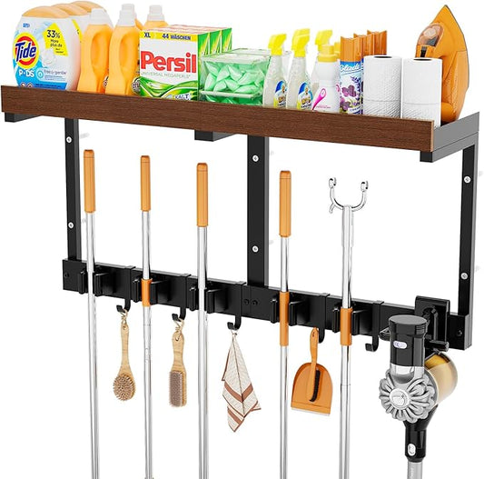 Broom Holder Wall Mount with Cleaning Supplies Organizer, Laundry Room Shelves with Mop Hanger Rack Gripper Hooks and Vacuum Organizer, Broom and Mop Organizer Wall Hanging for Home Garage Kitchen