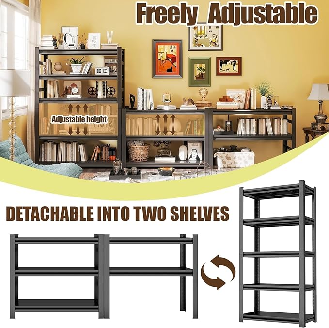 63''H*20W'*14" D Garage Shelving Metal Garage Shelf Unit 5-Tier Storage Shelves Heavy Duty Shelf Organizer Industrial Shelves for Warehouse Basement Kitchen Pantry Commercial, Black