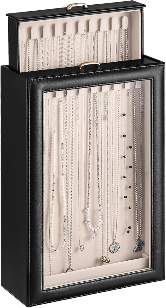 Lolalet Necklace Organizer Box, Jewelry Storage Box with Clear Window for Necklaces Bracelets, Tangle-Free Necklace Display Case for Women Girls, Mothers Day Gift