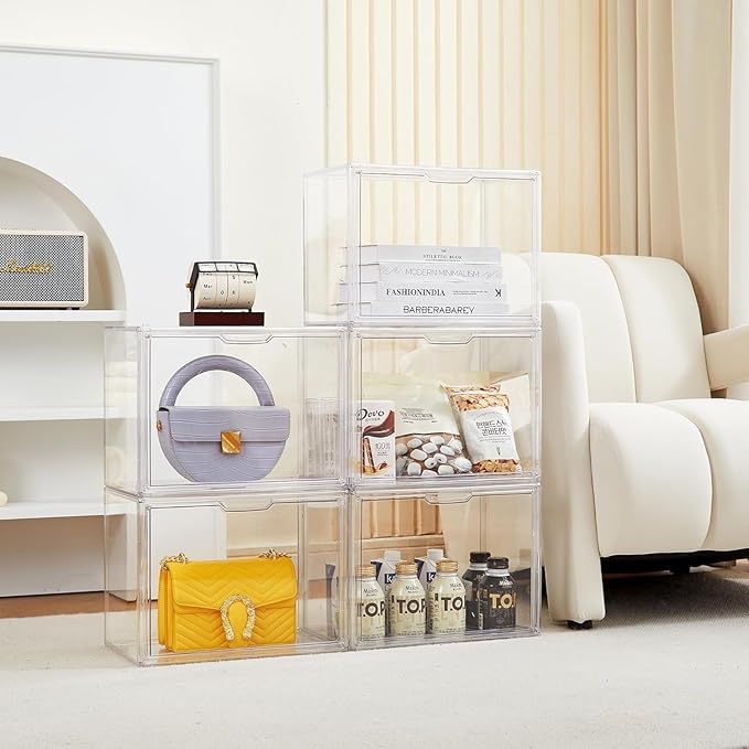 ZLLZUU Clear Storage Bins with Lids, 5 Pack Acrylic Display Case with Magnetic Door for Cosmetic Collectibles Large Figures Models, Stackable Acrylic Storage Box for Home Office Living Room Dorm