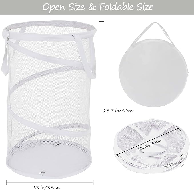 BATTOO 2 Pack White Large Collapsible Laundry Basket Foldable Mesh Pop Up Hamper with Handles for Laundry Room, Bathroom, Kids Room, College Dorm, Travel, Camping, Gift Basket