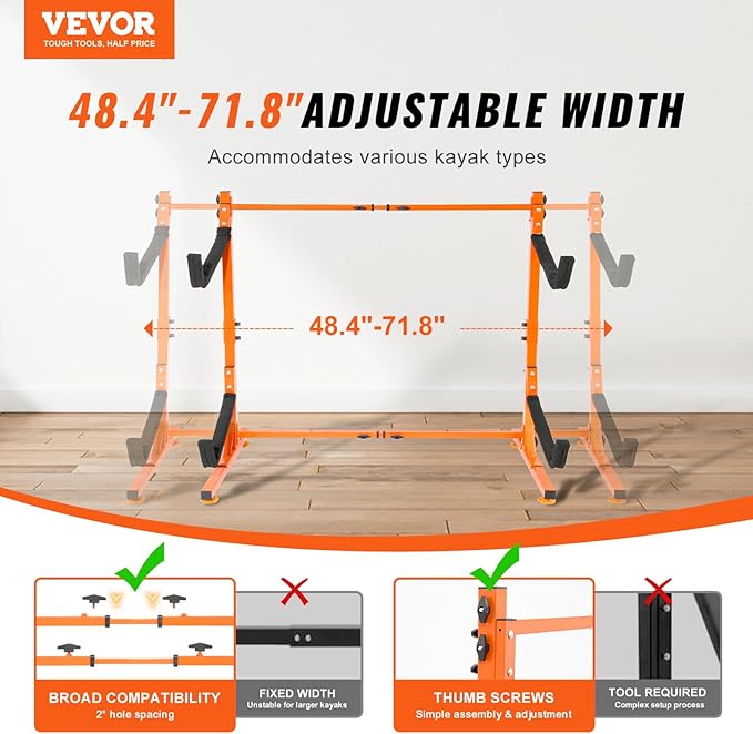 VEVOR Kayak Storage Rack, Heavy Duty Adjustable Freestanding Stand with Lockable Wheels for Indoor Outdoor Garage Shed Dock, Holder for Canoe, SUP, Surfboard & Paddleboard