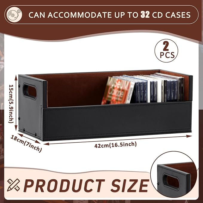 CroBlissful 2 Set Leather Cd Storage Box Organizer Shelf for Movie Cases Cassette Tape Display Stand with Carrying Handles Each Store up to 33 Pcs Cds for Dvds, Video Game Disks, Albums, Books