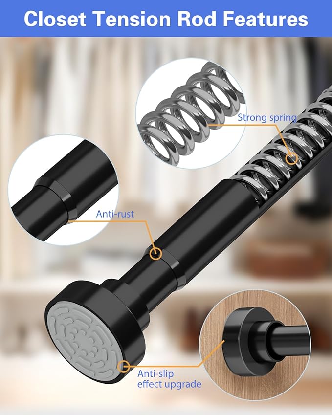 Supforce 2 Pack No Drilling Closet Rods for Hanging Clothes, Non Slip Tension Rod with Heavy Duty Clothes Hanging Rod, 17-39 Inches Adjustable Spring Closet Rod for Closet Wardrobe Bathroom RV, Black