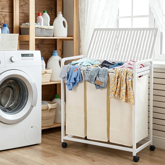 Bamboo Laundry Hamper 3 Section with Lid, 150L Laundry Sorter with Lockable Wheels, Pull-Out Removable Washable Bags, 3 × 12.5 Gal Divided Laundry Baskets for Laundry Room, Bathroom (White)