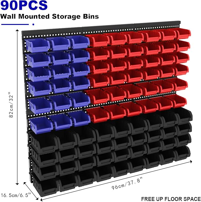 Wall Mounted Storage Bins, Nut and Bolt Organizer, Plastic Bolt Bin, Screw Organizer, Storage Bins for Garage (RED+BLUE+BLACK, EXTRA LARGE(90PCS))