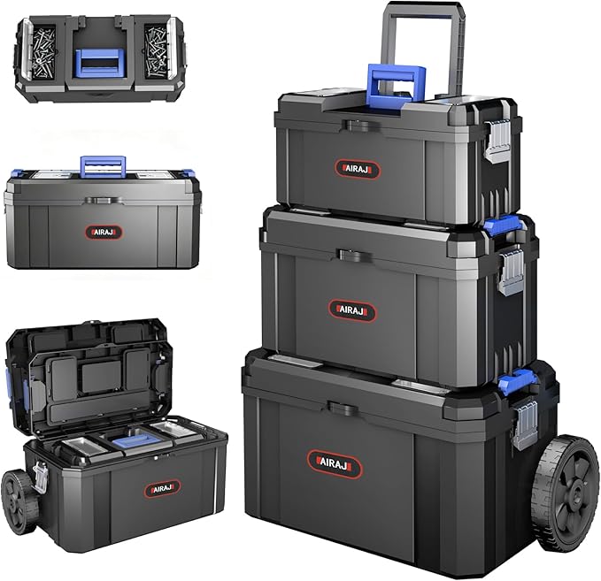 3-In-1 Tool Box with Wheels | Rolling Stackable Tool Box | Modular Tools Storage System | Small Toolbox with Detachable Parts Box Organizer丨Portable Toolbox for Garages,Home DIY,Workshop丨17+19+21"