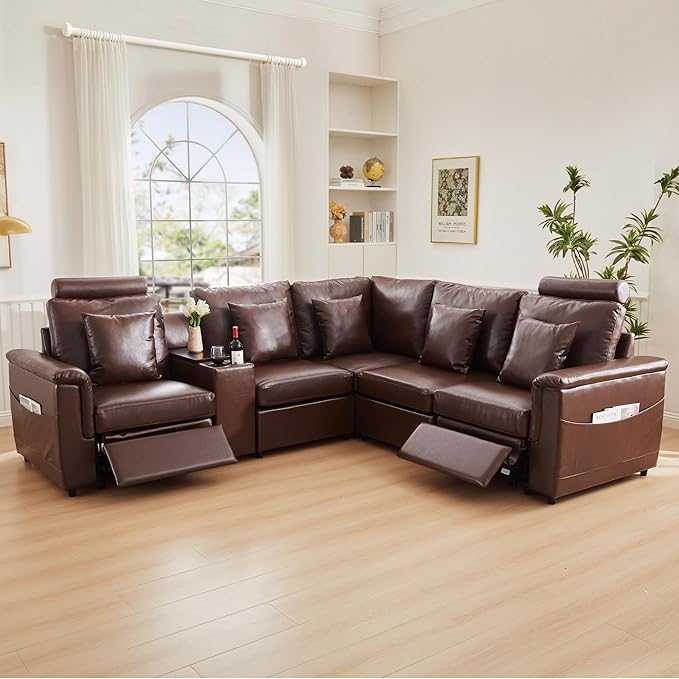 LEVNARY 5-Seat L Shaped Modular Sectional Sofa with Power Recliners, Upholstered Faux Leather Couch Storage Console with Charging Ports & Cup Holders, Living Room Couch Set for Home Office (Brown)