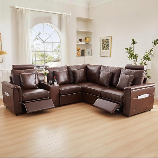 LEVNARY 5-Seat L Shaped Modular Sectional Sofa with Power Recliners, Upholstered Faux Leather Couch Storage Console with Charging Ports & Cup Holders, Living Room Couch Set for Home Office (Brown)