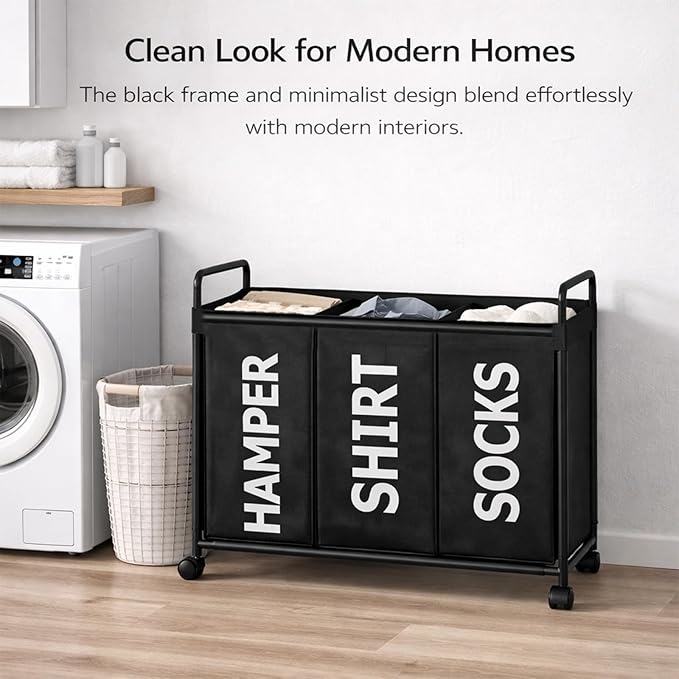 Rolling Laundry Hamper 3 Section with Wheels, Heavy Duty Metal Frame, Waterproof Polyester Fabric, Large Capacity Laundry Sorter for Easy Pre-Sorting and Effortless Transport