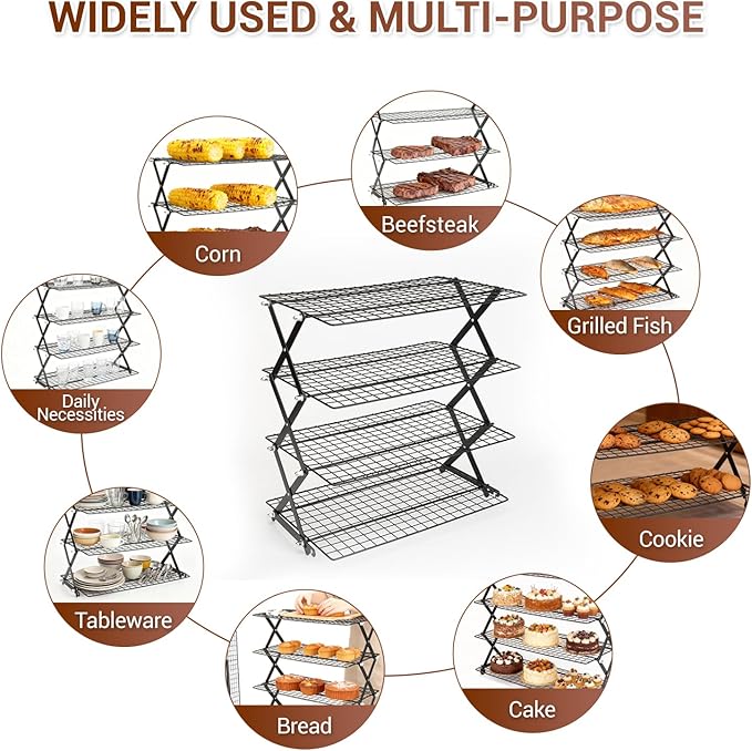 Collapsible Cooling Racks for Cooking and Baking - 4-Tier Adjustable Baking Rack, Cookie Cooling Rack & Bakers Rack, Essential Baking Supplies for Home Bakers, Non-Stick Cookie Rack