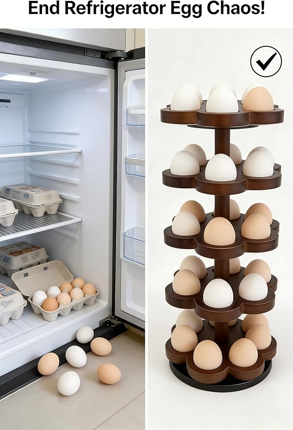 Wooden Egg Holder Countertop 360° Rotating, Egg Rack for 30 Eggs, Spiral Egg Storage Organizer for Kitchen Counter, Farmhouse Fresh Chicken Egg Dispenser for Home, Family ,easter egg.(Brown)