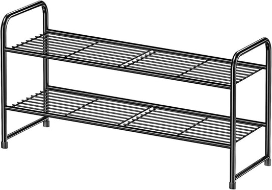 2 Tier Shoe Rack, Closet Metal 27 Inch Shoe Shelf Organizer for Entryway, Garage, Stackable, Black