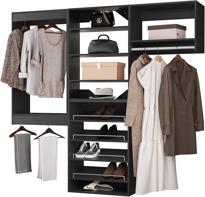 ROOMTEC Modular Closet System, 78" Wall Mounted Modern Closet Organizer with Hanging Rods and Shoe Shelf, Wooden Tower for Walk-In Closets, Wardrobe Storage Kit, Black