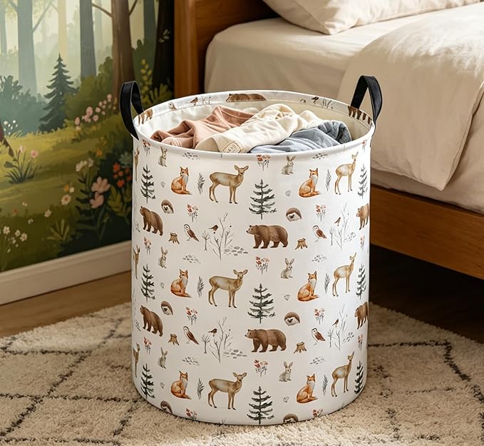Essme Kids Laundry Basket,Animal Hamper Waterproof Storage Bin for Boys, Woodland Hamper,Gift Baskets(Woodland Animal)