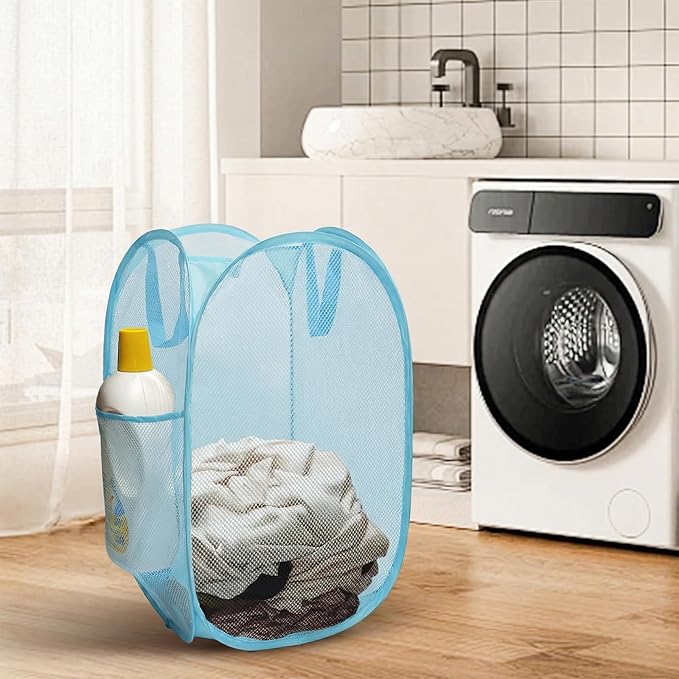 Pop up hamper, the upgraded laundry basket with breathable side pocket mesh. Ideal for room, apartment, dormitory, travel, business trip & kids storage (1,sky blue)
