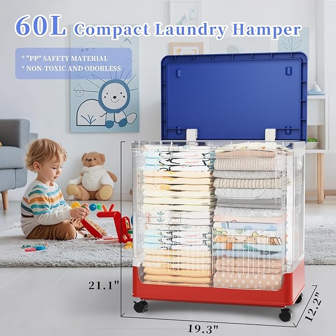 HAIXIN HOME 60L Kids Laundry Hamper with Lid, Cute Rolling Laundry Basket with Wheels & Handle, Slim Dirty Clothes Organizer for Kids Bedroom, Nursery, Bathroom, Closet, Tricolor
