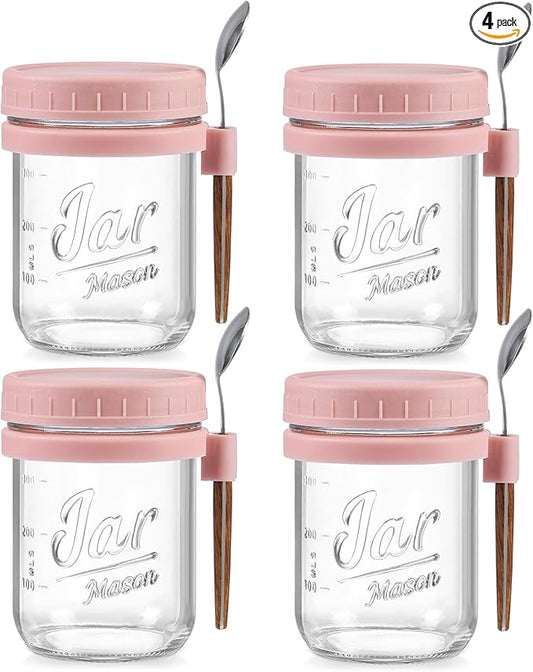 LANDNEOO 4 Pack Overnight Oats Containers with Lids and Spoons, 16 oz Glass Mason Jars with Airtight Lids, Overnight Oats Jars for Milk, Cereal, Fruit-Pink
