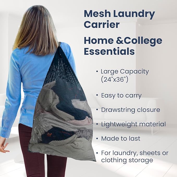 Premium Heavy-Duty Mesh Laundry Bag - Clothes Hamper w/Drawstring - Home & College Essentials Navy Blue (36"x24")