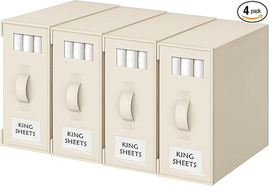 Criusia Bed Sheet Organizers and Storage, 4 Pack Foldable Linen Closet Organizers – Bedding Holder for Sheet Set (King/Queen Sizes), Duvet Covers, Blankets (Beige)