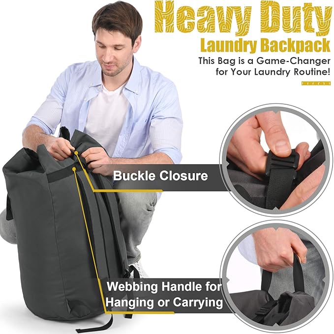 Backpack Laundry Bag, 115L Heavy Duty Extra Large College Laundry Backpack, Dirty Clothes Bag with Shoulder Straps, Laundry Hamper Bag with Drawstring Closure for College Dorm, Apartment Charcoal grey