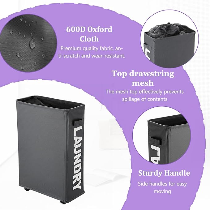 42L Narrow Rolling Laundry Basket, Slim Laundry Hamper with Wheels and Brake, Collapsible Skinny Laundry Cart for Dorm and Small Spaces, Dark Gray