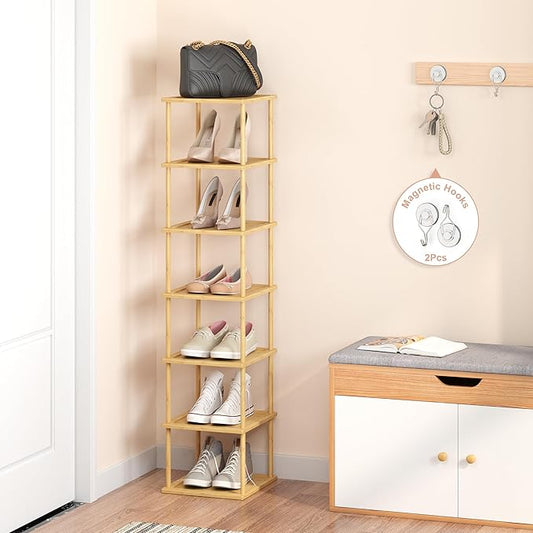 MHXW SXPN Bamboo Free Standing Shoe Rack Shelf Multi Tier Tall Wooden Stackable Shoes Rack Organizer for Closet Front Door Entrance Narrow Vertical Shoe Storage (Bamboo, 7 Tiers)