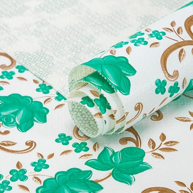 12X120 Inch Shelf Liner for Kitchen Cabinets, PVC Drawer Liner for Dresser Non-Slip Bathroom, Non-Adhesive Cabinet Liner Washable (Green Floral)(4 Roll)