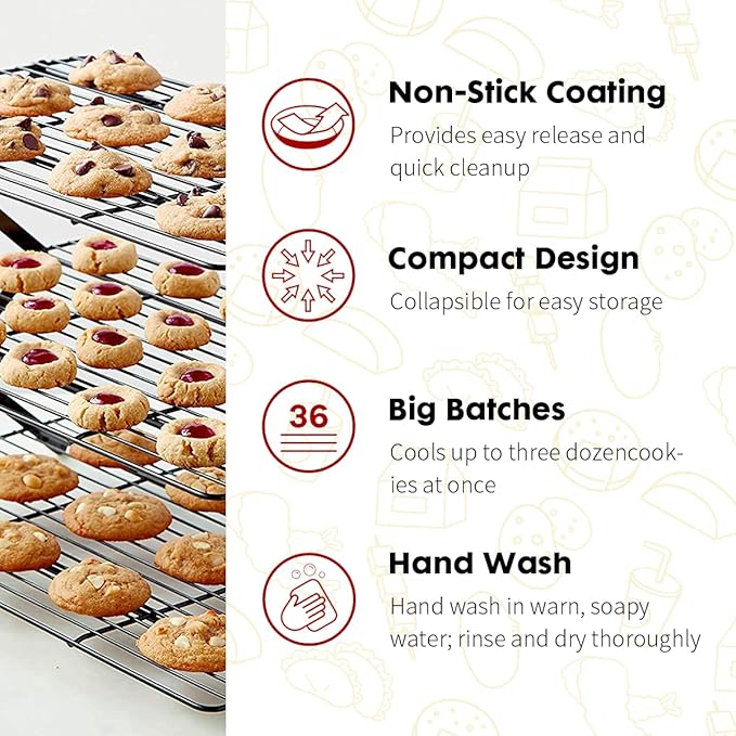 PowerKing 3 Tier Cooling Rack, Foldable Non-Stick Stainless Steel Wire Cake Rack for Pies, Cookies, Pastries, Home Baking, Birthday Party, Wedding Party 15.7'' x 10'' (Black 3 Tier)