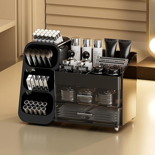 Booklov Makeup Organizer for Vanity, Large Capacity Cosmetic Display Case with Drawers, Countertop Beauty Storage Holder for Skincare, Brush Eyeliner Perfume Eyeshadow Lipsticks, Counter Desk, Black