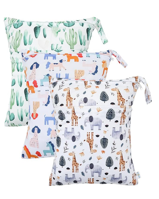 babygoal Animal Wet Dry Bags 3 Pack, Waterproof Travel Bags for Swimsuits, Beach, Pool, Gym,Food Storage and Wet Clothes(Giraffe,Cactus),3LN39-B