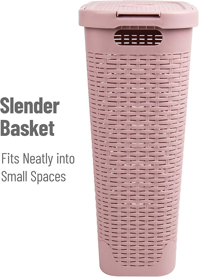 Mind Reader Slim Laundry Hamper with Lid, 40L Clothes Basket, Narrow Tapered Design with Ventilated Cutout Pattern, Plastic, Set of 2, Pink