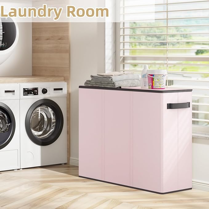 Optish 180L Laundry Hamper 3 Section, Large Laundry Basket with Lid, Laundry Basket Organizer with Handles, Pink Divided Laundry Baskets, Clothes Hampers for Nursery, Bedroom, Bathroom