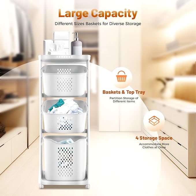 3 Tier Rolling Laundry Basket Vertical laundry hamper Sorter Cart with Lids und Brakes, Multi-Purpose Storage Organizer for Bedroom, Bathroom, Laundry Room, 16.9×13×43 in, White