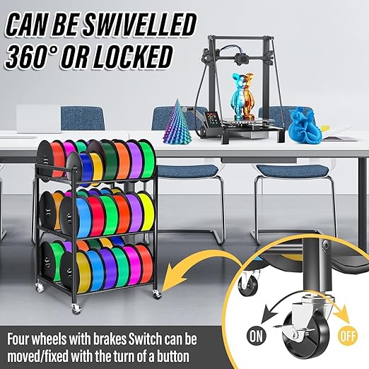 3D Printer Filament Storage Rack,Rolling Filament Spool Holders with Wheels,3-Tier Heavy Duty 3D Filament Storage Rack for PLA/ABS/TPU/Nylon,Filaments Organzied for Home,Office Workshop,Studio