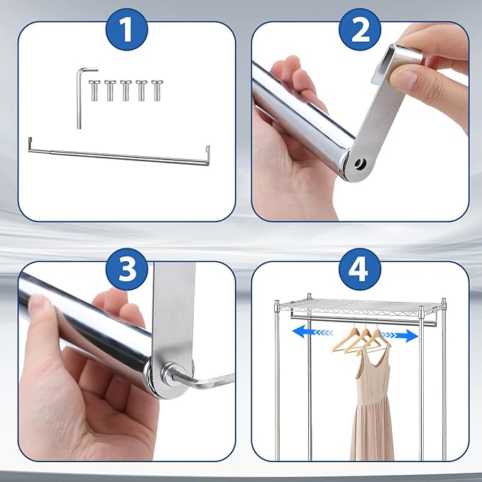 Threehoney Expandable Closet Rod for Wire Shelf Hanging Clothes Adjustable Heavy Duty Closet Hanging Rod Extender Heavy Duty Hanger Bar Metal Poles for Wardrobes Hanger, 1 Pack(36-60 Inch,Silver)