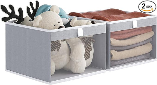 Linen Closet Organizers and Storage, Closet Storage Bins Basket Organizer, Foldable Organization Baskets with Mesh Window for Clothes Towels and Toys, 12.75" x 12.75" x 9", Gray, 2 pack