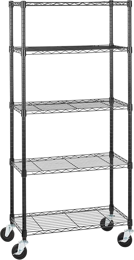 Amazon Basics 5-Shelf Heavy Duty Garage Shelving Storage Rack with 4" Wheel Casters, Adjustable Metal Wire Organizer, 300 lbs Per Shelf, 30" x 14" x 64.75", Black