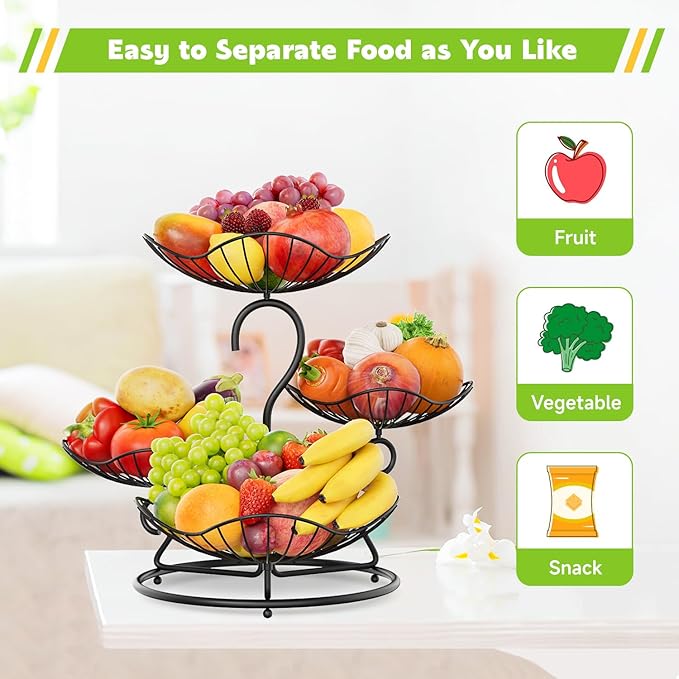 PouHenier.jh 4 Tier Fruit Basket Stand for Counter, Kitchen Tiered Fruit Bowl Organizer for Dining Table Countertop, Multi Level Fresh Produce and Vegetable Holder Rack, Sturdy Metal Wire, Black