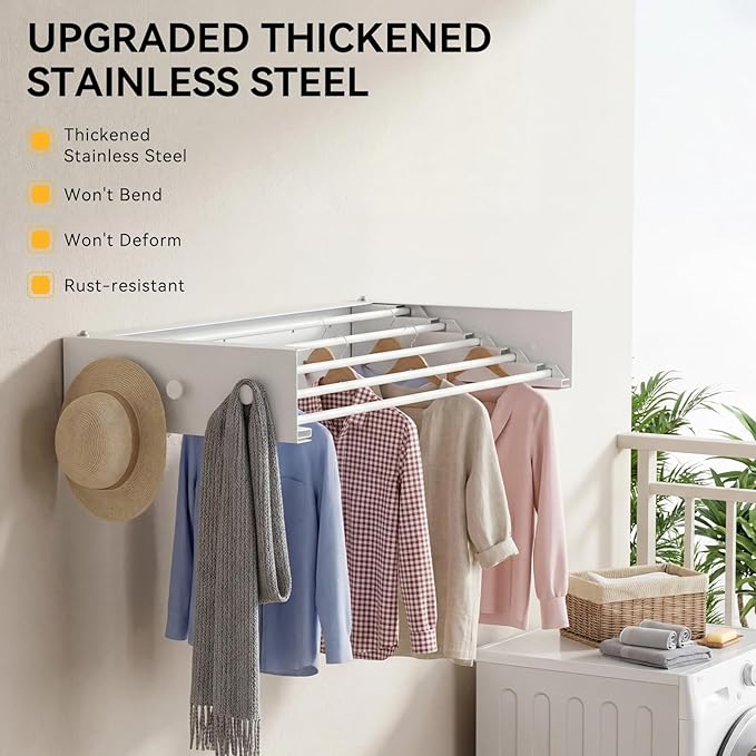 Extra Wide 40" Laundry Drying Rack Wall Mount - Retractable Clothes Drying Rack with 6 Hooks & 6 Knobs, Heavy Duty 60LBS Metal Airer, Large Foldable Wall Hanger for Indoor