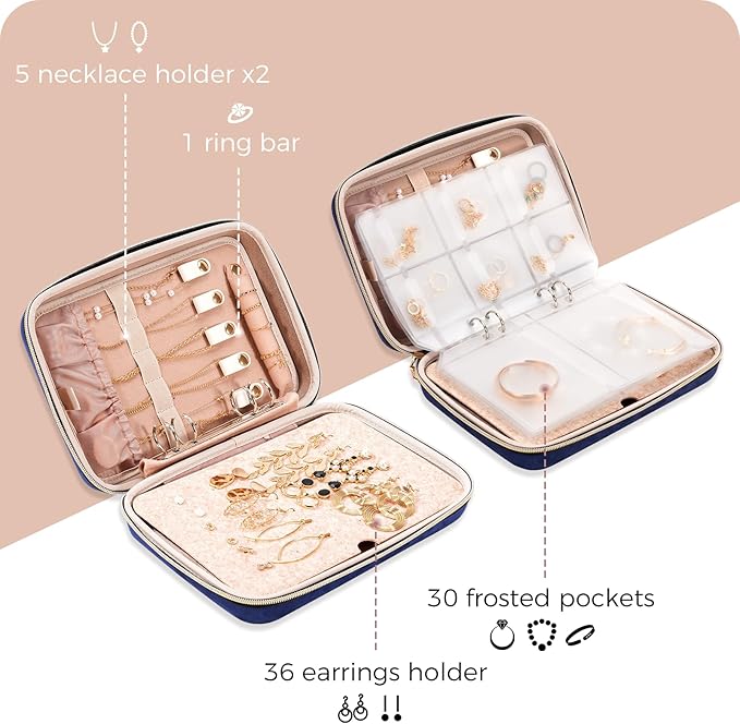 ProCase Extra Large Jewelry Organizer Case, Jewellery Home Storage Book Ring Binder with Clear Pockets for Presentation, Zippered Pouch Bag for Earrings Necklaces Bracelets -Navy