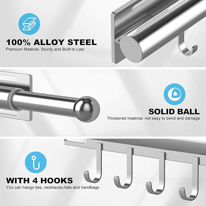 Valet Rod for Closet Retractable with 4 Hooks, 13.4"-23.2" Pull Out Clothes Hanger Rail, Heavy Duty Alloy Steel Side Mount Wardrobe Bar, Adjustable Organizer for Laundry, Bathroom, Entrance (Nickel)